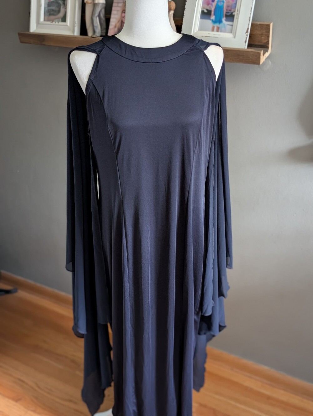 KOH KOH Dark Blue High Neck Cape Sleeve Maxi Dress Formal Gown XL